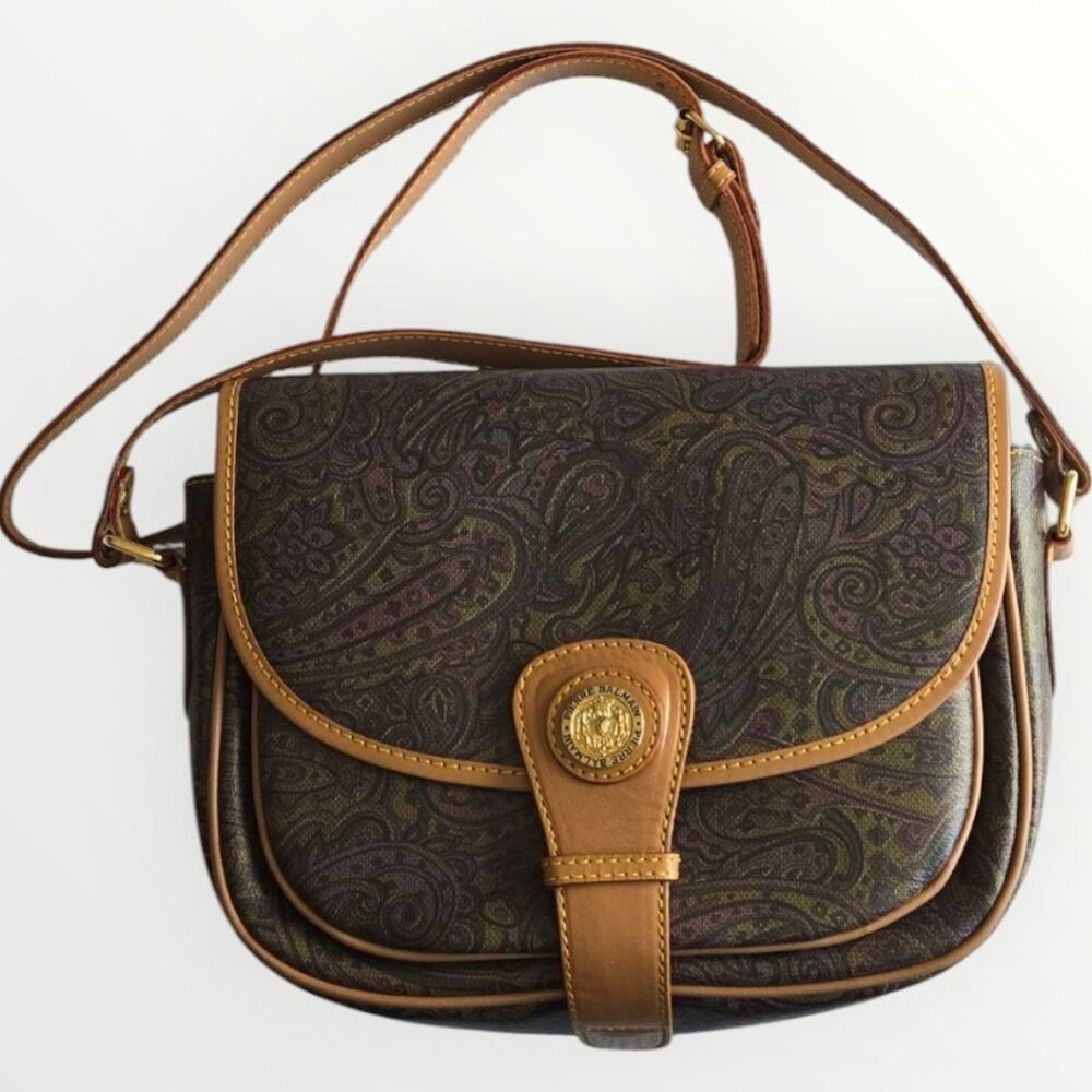 Pierre Balmain Paisley Leather Crossbody Bag Gold Logo Medallion Original Certif